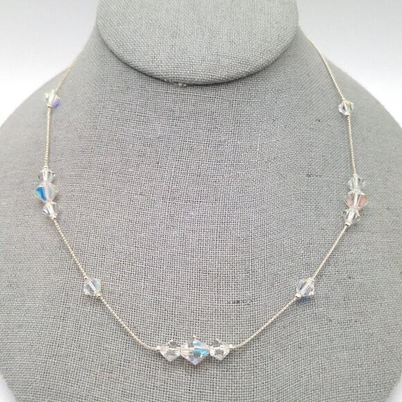 Aurora Borealis Crystal Bicone Bead Necklace, Rhodium Plated Chain, 19 Inches - Picture 1 of 10